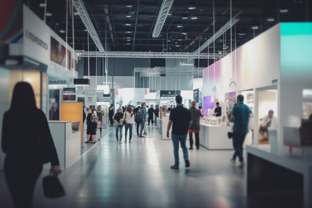 Hectic trade fair with a multitude of stalls and indistinct professionalsの素材
