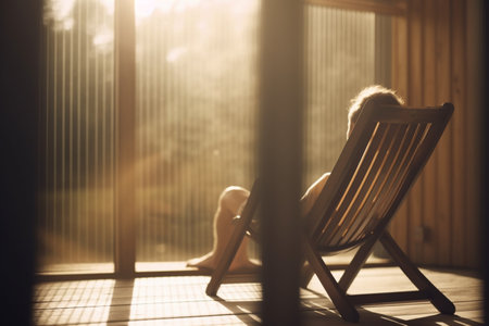 Unwind in the serenity of a spa or wellness retreat with a view from a wooden terrace as a person lounges in a chairの素材