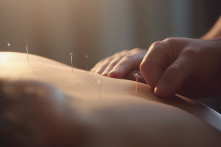 Acupuncture treatment with needles inserted into skin, hands resting on topの素材