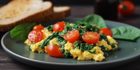 A delicious breakfast of scrambled eggs and spinach on a dark plateの素材