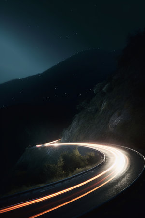 A long exposure shot captures a winding mountain road at night with light trails from passing cars creating a mesmerizing visual effect.の素材