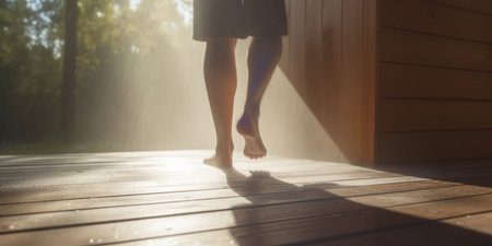 A person steps out of a steamy sauna into the bright sunshine to cool down and relax in the fresh air.の素材