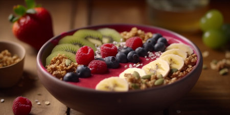 A healthy and colorful breakfast bowl filled with crunchy granola and fresh fruit in a wooden bowl.の素材