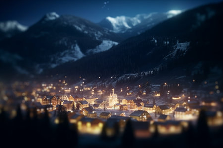 A vibrant city lights up the valley amidst the mountains, shining like jewels in the dark nightの素材