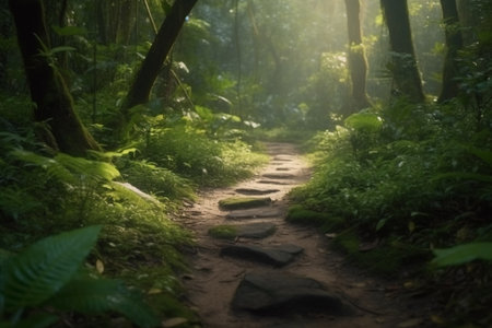 A winding trail through the dense and vibrant rainforest.の素材