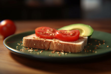 A delicious and healthy breakfast or snack - crispy toast topped with creamy avocado and juicy tomatoes, seasoned with fresh herbs and spices.の素材