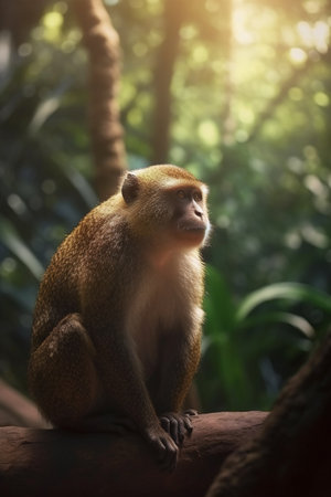 Adorable monkey in lush rainforest foliageの素材