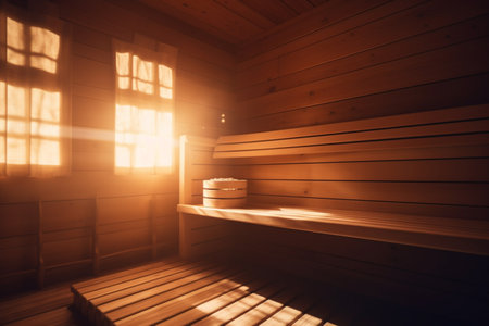 Step into a world of tranquility with this luminous sauna. Sunrays bathe the space in a warm glow, enhancing the natural wood textures.の素材