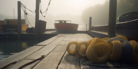 A foggy morning on the dock as fishing boats await their catch, with fishing gear neatly laid out on the pier.の素材