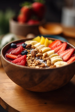 A healthy and colorful breakfast bowl filled with crunchy granola and fresh fruit in a wooden bowl.の素材