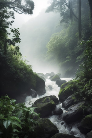 A peaceful river flows through lush greenery in the heart of the rainforest.の素材