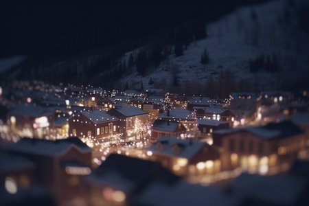 A vibrant city lights up the valley amidst the mountains, shining like jewels in the dark nightの素材