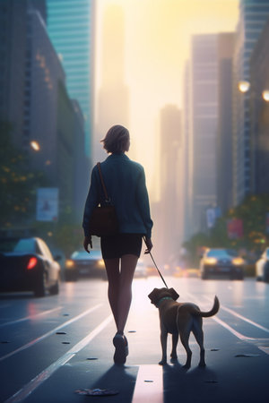 A woman and her dog enjoy a late afternoon stroll amidst towering skyscrapers in the city, bathed in the warm glow of the setting sun.の素材
