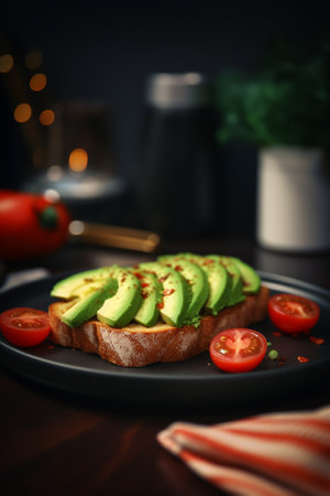 A delicious and healthy breakfast or snack - crispy toast topped with creamy avocado and juicy tomatoes, seasoned with fresh herbs and spices.の素材