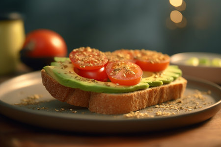 A delicious and healthy breakfast or snack - crispy toast topped with creamy avocado and juicy tomatoes, seasoned with fresh herbs and spices.の素材