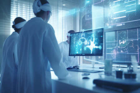 Medical team wearing surgical masks working on medical research in a high-tech laboratoryの素材