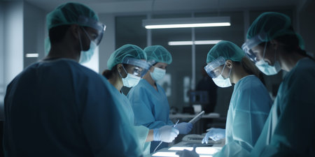 Medical team wearing surgical masks working on medical research in a high-tech laboratoryの素材