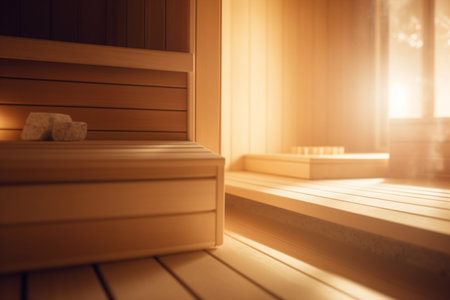 Experience ultimate relaxation in this sauna with its warm wooden interior, soothing warm light, and flooded with natural light, all for your own private retreat.の素材