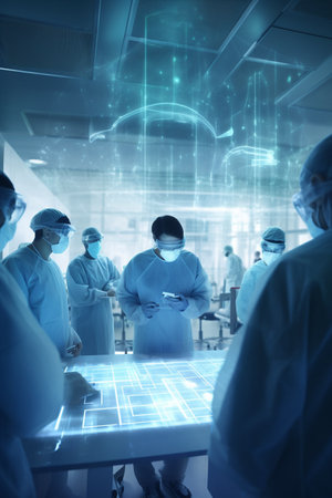 Medical team wearing surgical masks working on medical research in a high-tech laboratoryの素材