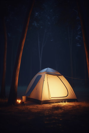 Experience the magic of camping at night with this illuminated tent in the forest.の素材