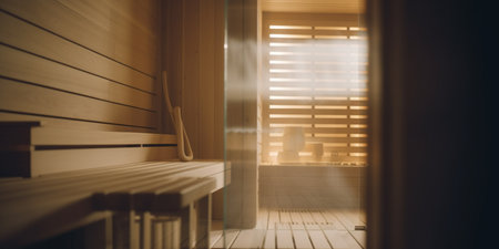 Experience ultimate relaxation in this sauna with its warm wooden interior, soothing warm light, and flooded with natural light, all for your own private retreat.の素材
