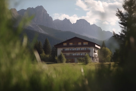 A wide-angle shot of a hostel nestled in the mountainous terrain with breathtaking greeneryの素材