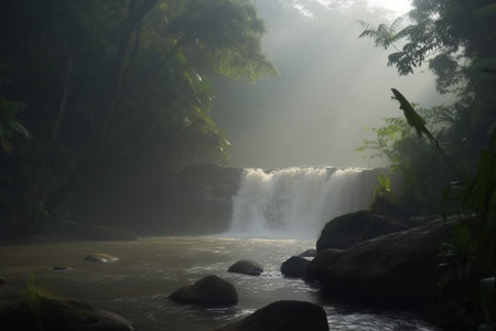 A peaceful river flows through lush greenery in the heart of the rainforest.の素材