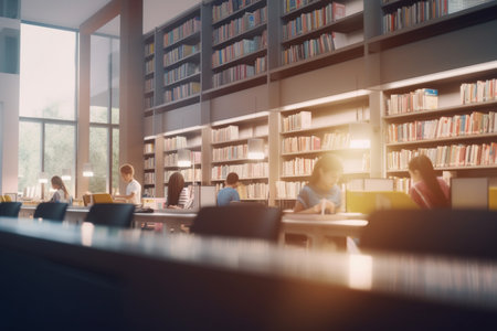A bright and airy high school library filled with students actively engaged in learning.の素材