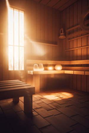 Step into a world of tranquility with this luminous sauna. Sunrays bathe the space in a warm glow, enhancing the natural wood textures.の素材