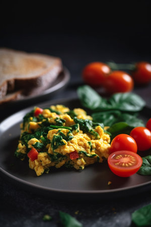 A delicious breakfast of scrambled eggs and spinach on a dark plateの素材