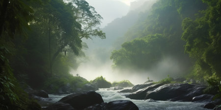A peaceful river flows through lush greenery in the heart of the rainforest.の素材
