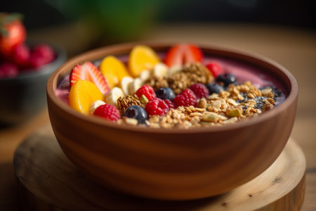 A healthy and colorful breakfast bowl filled with crunchy granola and fresh fruit in a wooden bowl.の素材