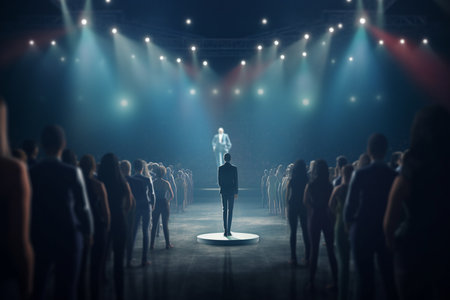 TV show host or contestant seen from backstage in front of a live audienceの素材