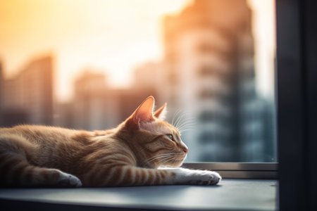 A cat sits at a window and looks out at the skyscrapers of a big cityの素材
