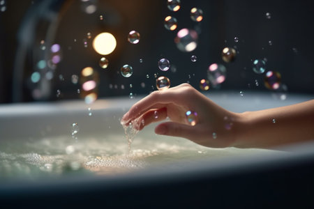A woman indulges in a luxurious bubble bath, surrounded by an abundance of floating soap bubblesの素材