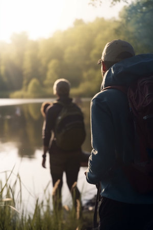 A group of outdoor enthusiasts are seen exploring the wilderness, hiking and camping by a river or lake, with backpacks and camping gear.の素材