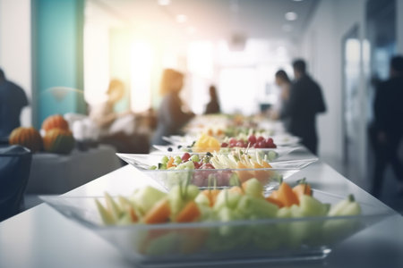Catering buffet for business conference with blurred professionals in the backgroundの素材