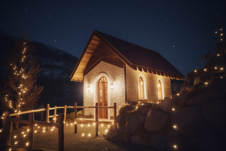 A picturesque mountain chapel or church illuminated at night creates a romantic atmosphere in the mountainsの素材