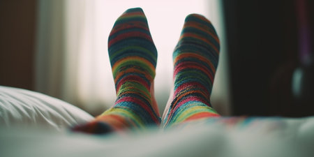 A glimpse into the cozy and intimate world of a woman's bedroom as seen through a close-up shot of her socks in bed.の素材