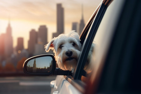 Inquisitive pup catches a glimpse of the big city from behind the car glass.の素材