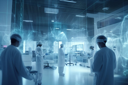 Medical team wearing surgical masks working on medical research in a high-tech laboratoryの素材