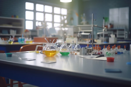 Vibrant and bright high school chemistry lab with students engaged in experiments under natural lightの素材