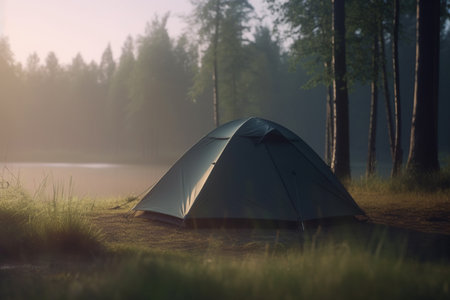 A peaceful morning scene by the lake, with a tent nestled in the trees and the sun starting to peek through the mistの素材