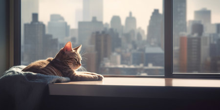 A cat sits at a window and looks out at the skyscrapers of a big cityの素材