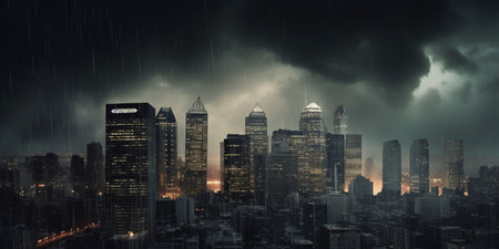 Dark clouds loom over the city skyline as a bank run ensues, with thunder and lightning adding to the tense atmosphere.の素材