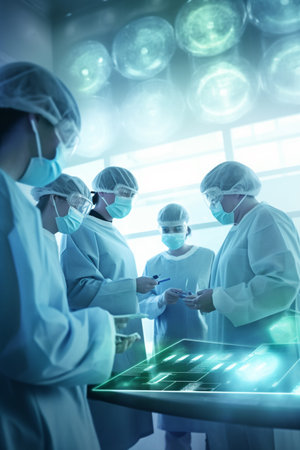 Medical team wearing surgical masks working on medical research in a high-tech laboratoryの素材