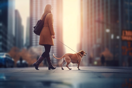 A woman and her dog enjoy a late afternoon stroll amidst towering skyscrapers in the city, bathed in the warm glow of the setting sun.の素材