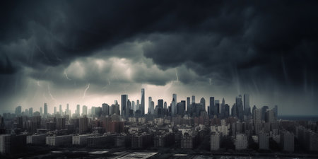 Dark clouds loom over the city skyline as a bank run ensues, with thunder and lightning adding to the tense atmosphere.の素材