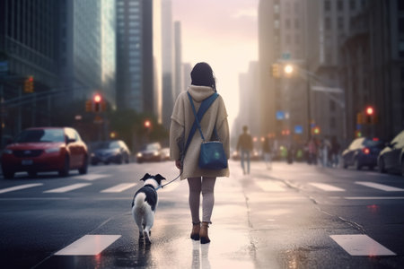 A woman and her dog enjoy a late afternoon stroll amidst towering skyscrapers in the city, bathed in the warm glow of the setting sun.の素材