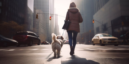 A woman and her dog enjoy a late afternoon stroll amidst towering skyscrapers in the city, bathed in the warm glow of the setting sun.の素材